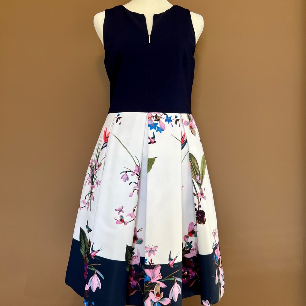 Ted Baker Petali Tropical Oasis Skater Dress. Ted Size 2. Navy Blue and White.